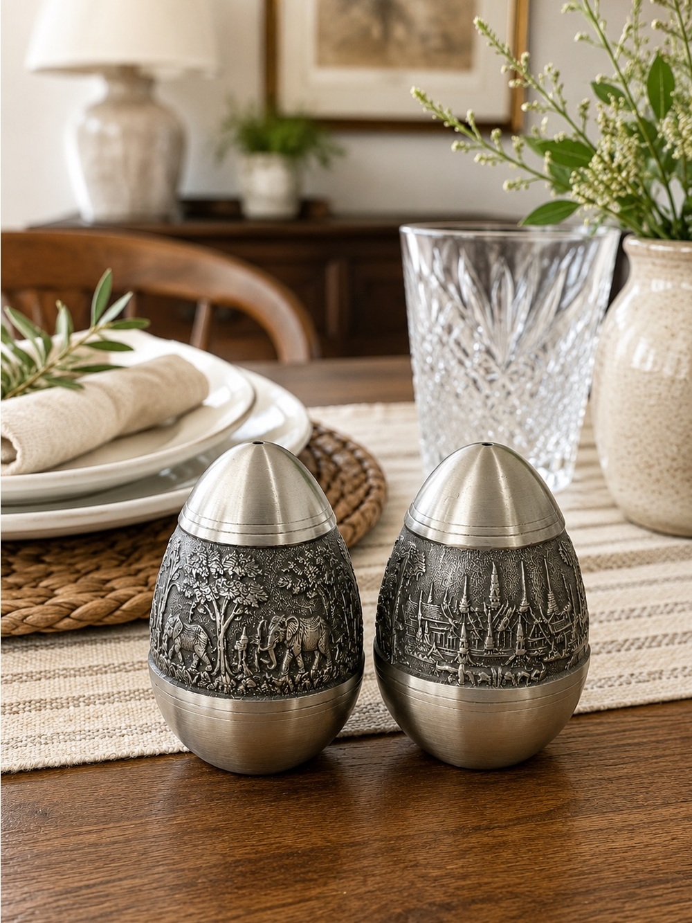 Decorative Pewter-Gray Carved Egg Salt & Pepper Shakers - Home Dining Serveware